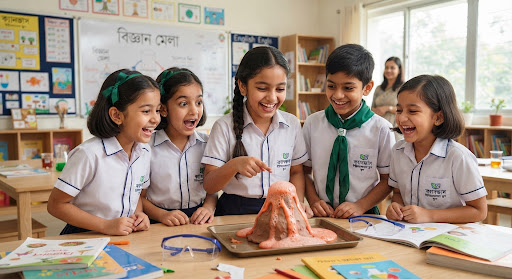 Curious Bangladeshi primary school kids looking at a miniature science model volcano experiment, smiling expressions of wonder, bright modern classroom