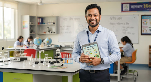 Portrait of an approachable Bengali male teacher in smart casual formal shirt standing with a digital tablet in a bright school laboratory. Friendly expression, clean professional look, modern education background.