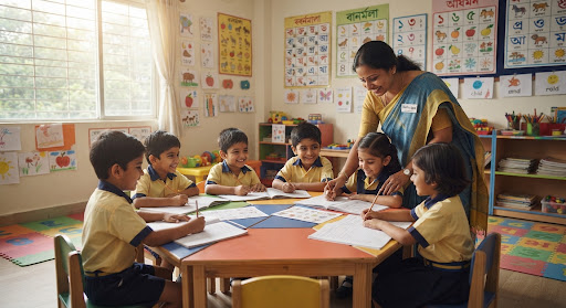 A warm, vibrant modern grade one elementary classroom filled with smiling South Asian children in neat yellow and navy uniforms sitting together around a colorful hexagonal table writing in notebooks with a kind Bengali female teacher smiling and assisting them, natural window sunlight illuminating bright colorful educational posters on the walls with Bengali alphabet charts in the style of soft joyful picture book realism
