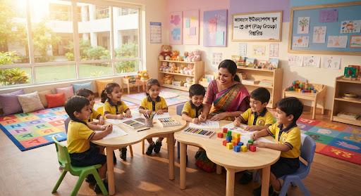 Playgroup toddlers in a colorful modern Bangladeshi kindergarten room sitting at kidney shaped activity tables with female teacher smiling, warm golden morning light streaming through windows, plush alphabet rugs, pastel pink and purple decorations, soft toys, vibrant and happy atmosphere.