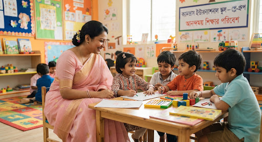 Warm smiling Bengali female kindergarten lead teacher wearing light pink traditional saree, looking affectionately at students in preschool classroom.