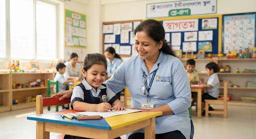 Caring middle aged Bangladeshi female care-coordinator and nurse in a bright kindergarten setting smiling gently.