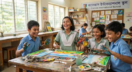 Bangladeshi school kids painting with watercolors and bright colors on canvas paper in an open sunny art studio room, messy colorful hands, huge bright smiles, cheerful joyful photography