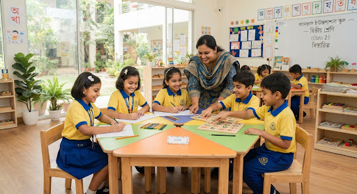 Joyful Bangladeshi 7-year-old schoolchildren in clean yellow and blue school uniforms seated around a colorful modular wooden table inside an airy modern sunlit Montessori primary classroom. A smiling female educator in traditional salwar kameez guides children drawing and solving puzzles. Soft daylight streams through glass windows onto educational Bengali alphabet posters, toy shelves, and potted plants.