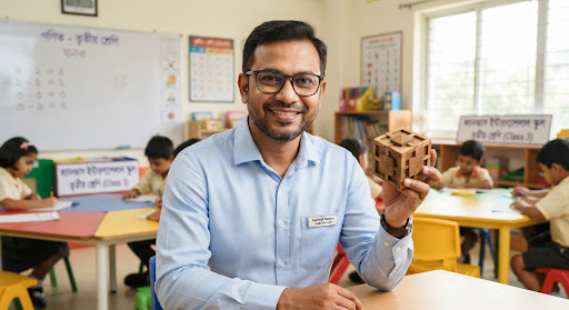 A portrait of Kamrul Hasan, a cheerful Bangladeshi male mathematics educator holding a geometric wooden cube model, wearing formal glasses and a blue shirt, welcoming and bright school atmosphere
