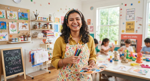 Creative young Bangladeshi female arts and crafts teacher smiling happily in art studio room, holding paintbrushes, pastel playful aesthetic