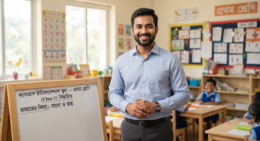 A smiling, warm friendly South Asian male school teacher in his early 30s wearing a modern formal shirt in a bright classroom setting, welcoming and knowledgeable demeanor