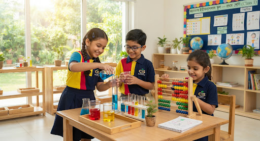 Primary school children in colorful uniforms experimenting safely with colored water measuring beakers and oversized wooden abacus in a bright clean kids science laboratory with plants and sunlight streaming through windows