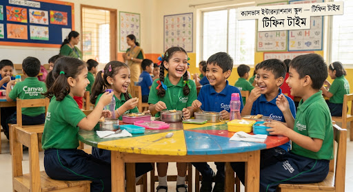 Bangladeshi kindergarten children sitting together sharing tiffin and laughing happily during lunchtime at round colorful wooden tables, joyful friendship