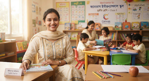 A portrait of Maria Islam, a young Bangladeshi female English literature teacher smiling gracefully wearing an elegant salwar kameez, soft daylight, warm joyful preschool and primary school environment