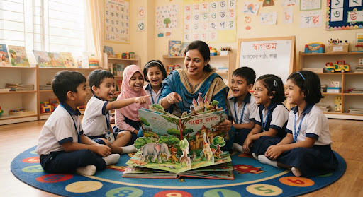 Playful kindergarten reading session with female teacher and cute Bangladeshi students gathered around circular rug looking at a giant colorful popup book, warm ambient light