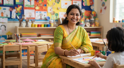 Warm smiling Bengali female teacher in her early 30s wearing a cheerful yellow and green traditional dress, sitting in an art studio classroom with colorful brushes and crafts in the background.