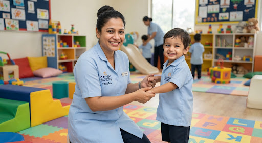 A friendly, caring Bangladeshi mid-40s caregiver named Tania Akhter in a clean organized nursery uniform smiling cordially in a safe, soft-floored indoor toddler play zone.