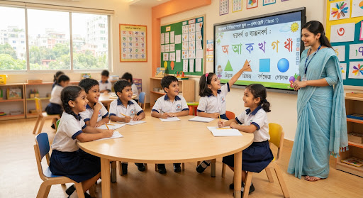 A modern grade one classroom in Dhaka showing children sitting at rounded soft-wood desks interacting eagerly with a colorful digital touch board displaying Bengali alphabets and shapes, bright warm lighting, teacher guiding from the side, clean welcoming educational atmosphere