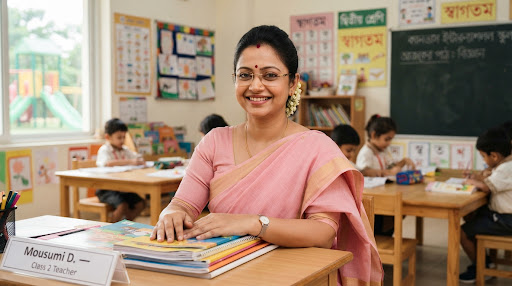 Portrait of an experienced, warm Bengali female primary teacher in her early thirties wearing an elegant pink cotton sari and subtle glasses, smiling kindly with a warm classroom background at Canvas International School. Natural warm lighting.