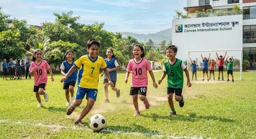 Little Bangladeshi boys and girls playing football and running happily in lush green sunny school playground, colorful sports jersey, pure childhood laughter