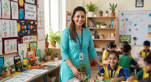 An approachable caring South Asian female elementary school teacher in her early 30s in a neat turquoise outfit surrounded by children's science art projects and indoor plants with a radiant smile