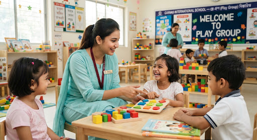 Young energetic Bangladeshi female assistant preschool teacher wearing modest formal attire, gentle friendly expression with children learning toys in background.