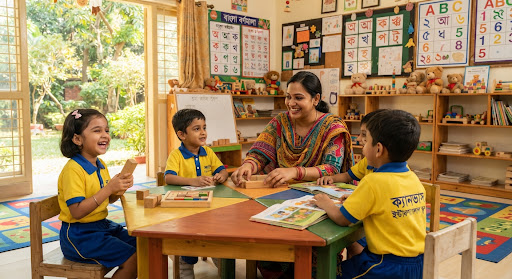 A warm, vibrant, and sunlit kindergarten classroom in Dhaka, Bangladesh. A smiling female Bengali teacher wearing a colorful traditional salwar kameez sits at a low hexagonal multi-colored wooden table helping joyful children aged 3 to 6 years. The kids wear cheerful yellow and blue polo school uniforms. The classroom features colorful Bengali and English alphabet charts on the walls, shelves filled with teddy bears, safe wooden building blocks, picture books, and large sunny windows showing lush green trees outside. High aesthetic, bright joyful educational photography.