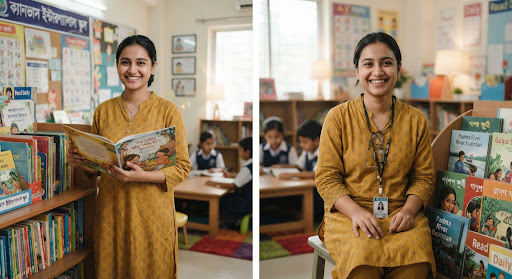 Portrait of a pleasant young South Asian female English educator holding a storybook in a cozy colorful school library. Gentle smile, professional attire, soft bokeh lighting.