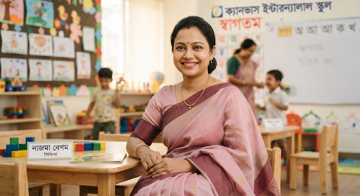 A portrait of a warm, smiling Bangladeshi woman in her mid-30s named Najma Begum, wearing an elegant modest pastel pink and maroon sari, looking affectionately toward the camera in a modern bright preschool classroom setup.
