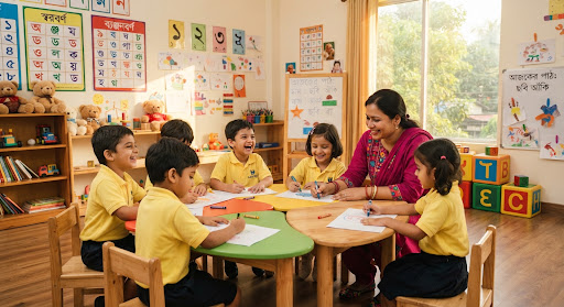 A warm, sunlit nursery classroom in Dhaka with joyful Bengali preschool children sitting around a colorful clover-shaped wooden table. A smiling Bengali female teacher in a magenta salwar kameez is guiding little boys and girls in bright yellow polo uniforms as they draw with crayons. Walls are adorned with colorful Bengali alphabet charts, number posters, stuffed teddy bears, and cheerful Montessori play cubes. Soft golden natural sunlight streams from a large window overlooking lush green trees.