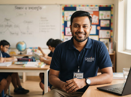 A portrait of Ashraful Alam, a friendly Bangladeshi male science and ICT teacher in his mid 30s smiling warmly wearing a professional polo shirt, softly lit classroom background, warm educational photography