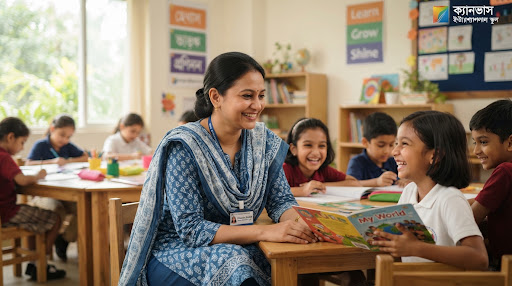 Warm smiling Bangladeshi female teacher wearing elegant cotton salwar kameez in a classroom setting, soft natural daylight, gentle inspiring expression