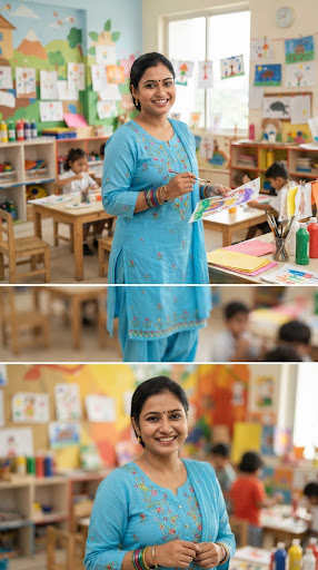 A portrait of a vibrant, youthful Bangladeshi female teacher named Mehjabin Tanisha in her late 20s, dressed in a cheerful sky blue kurti with colorful glass bangles, standing with a warm and inviting smile in a kindergarten art studio.