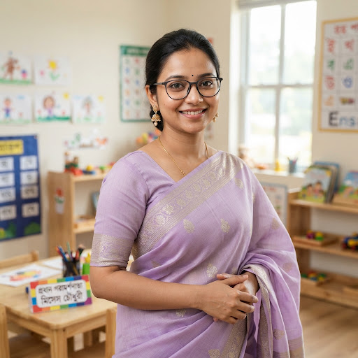 Portrait photo of a young smiling Bengali woman in her late 20s, wearing an elegant light purple sari and glasses, smiling warmly into the camera. She looks gentle, professional, and friendly, representing an early childhood kindergarten head mentor.