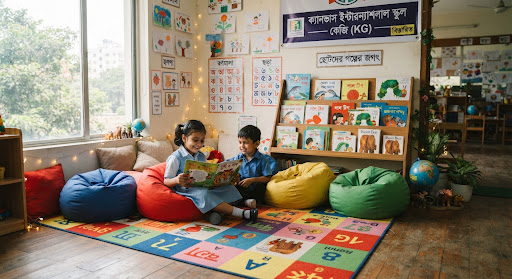 A dedicated storytelling and reading corner in an early childhood school in Dhaka. Cozy soft colorful beanbags, shelves stocked with Bengali and English storybooks, and a colorful alphabet carpet. Bright welcoming daylight pouring in.