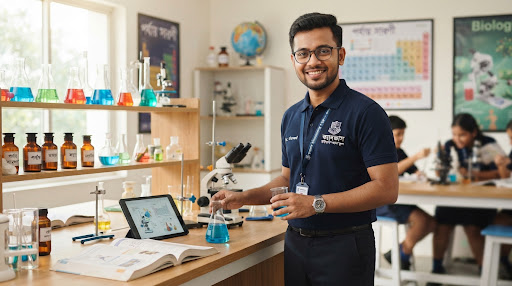 Friendly young Bangladeshi male teacher with spectacles smiling warmly, wearing formal polo shirt, modern school science corner background, bright cozy atmosphere
