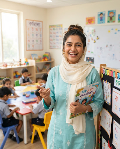 Portrait of an energetic South Asian female English teacher in her late 20s wearing a modern modest soft turquoise tunic, smiling happily in an illuminated modern classroom background.