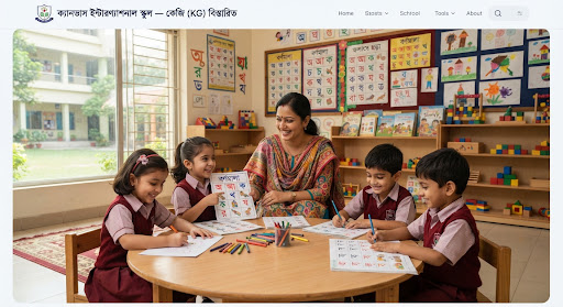 A warm and colorful kindergarten classroom in Dhaka, Bangladesh. A smiling female Bengali teacher wearing a vibrant traditional salwar kameez sits with four enthusiastic young children around a low colorful circular table. The children are happily practicing phonics and drawing. In the background are educational Bengali letter charts, soft natural light streaming through large windows, shelves with toy blocks and storybooks.