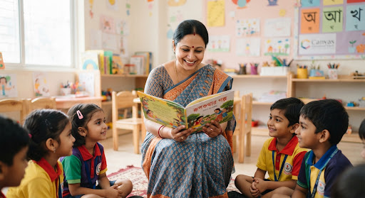 Affectionate kindergarten teacher Bangladeshi woman holding a picture storybook in colorful preschool classroom, warm motherly smile, pastel background